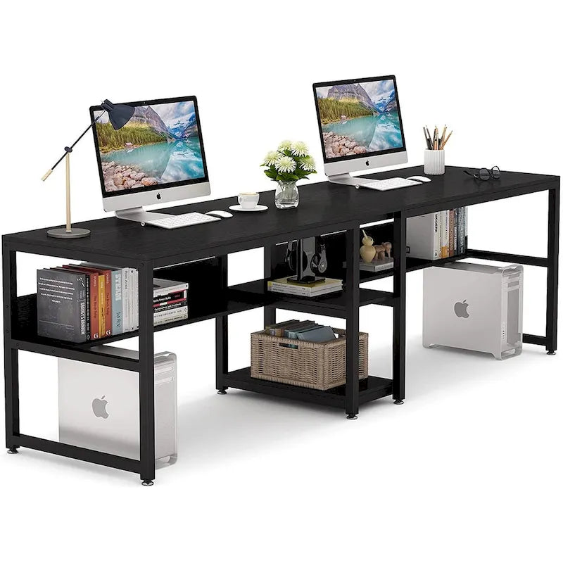 Scrivania 2 posti Marrone/Nero/Bianco/Grigio con libreria, Stile Industriale