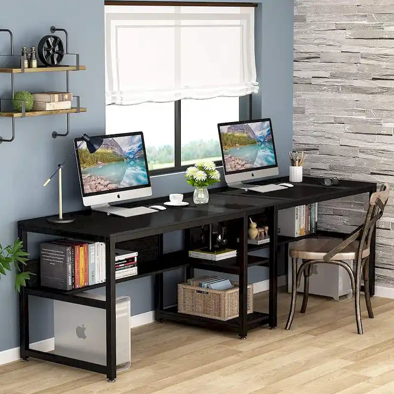 Scrivania 2 posti Marrone/Nero/Bianco/Grigio con libreria, Stile Industriale