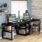 Scrivania 2 posti Marrone/Nero/Bianco/Grigio con libreria, Stile Industriale