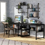 Scrivania 2 posti Marrone/Nero/Bianco/Grigio con libreria, Stile Industriale