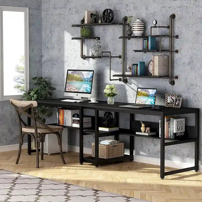 Scrivania 2 posti Marrone/Nero/Bianco/Grigio con libreria, Stile Industriale