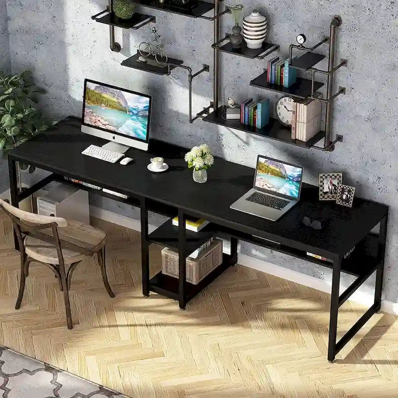 Scrivania 2 posti Marrone/Nero/Bianco/Grigio con libreria, Stile Industriale