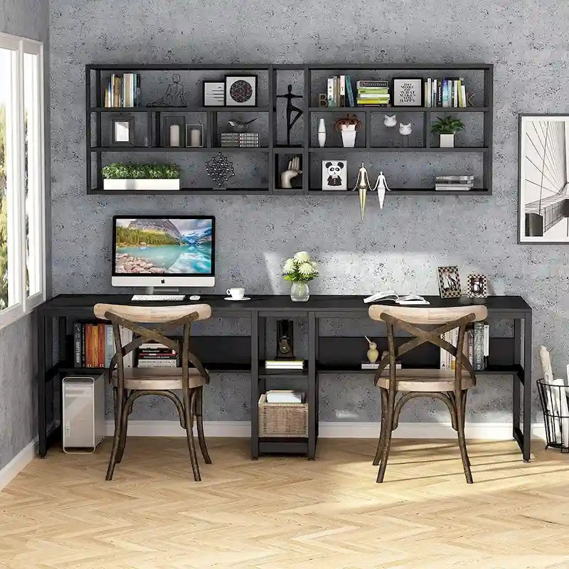 Scrivania 2 posti Marrone/Nero/Bianco/Grigio con libreria, Stile Industriale