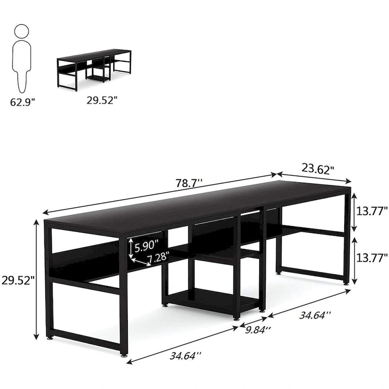 Scrivania 2 posti Marrone/Nero/Bianco/Grigio con libreria, Stile Industriale