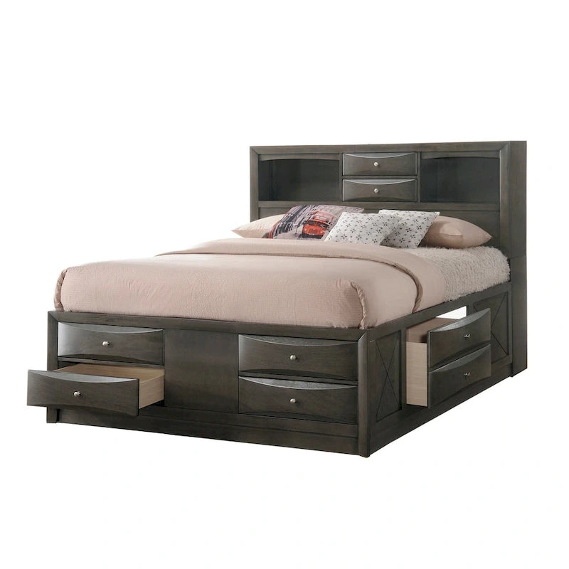 Set camera da letto a piattaforma Gray Oak Storage, stile contemporaneo, 6 pezzi, King/Queen