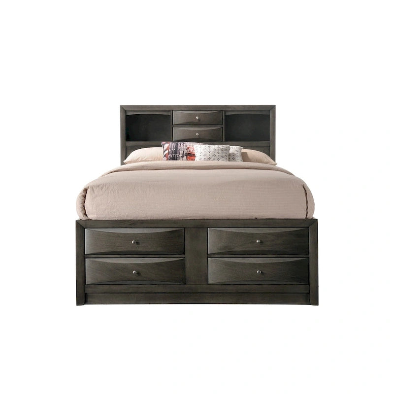 Set camera da letto a piattaforma Gray Oak Storage, stile contemporaneo, 6 pezzi, King/Queen