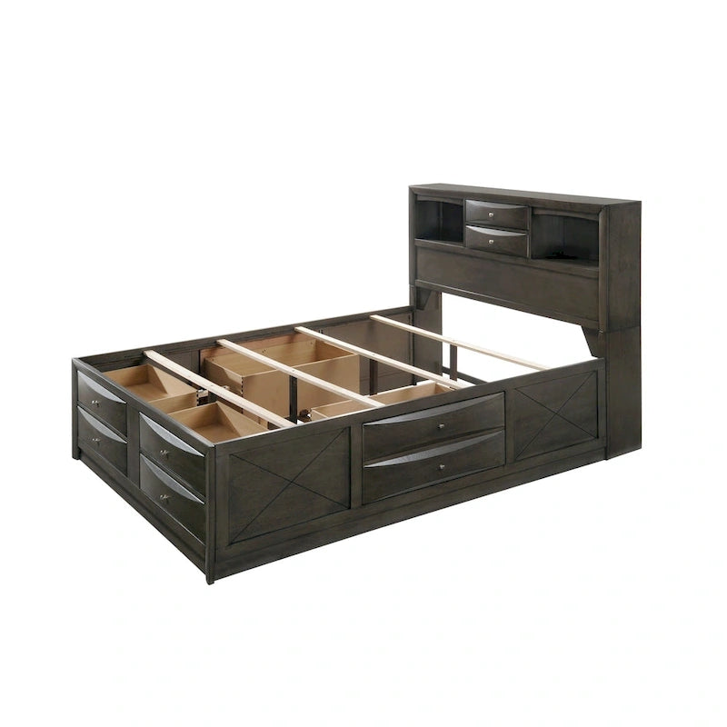 Set camera da letto a piattaforma Gray Oak Storage, stile contemporaneo, 6 pezzi, King/Queen