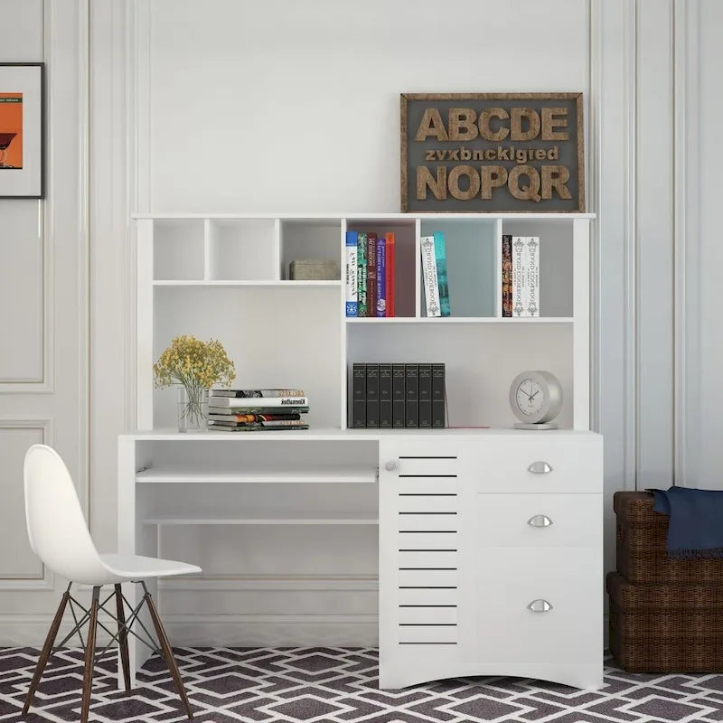 Scrivania per computer con alzata e 3 cassetti | Marrone / Bianco / Rovere | 1 persona