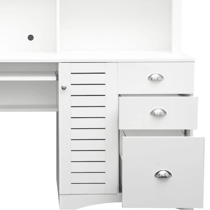 Scrivania per computer con alzata e 3 cassetti | Marrone / Bianco / Rovere | 1 persona