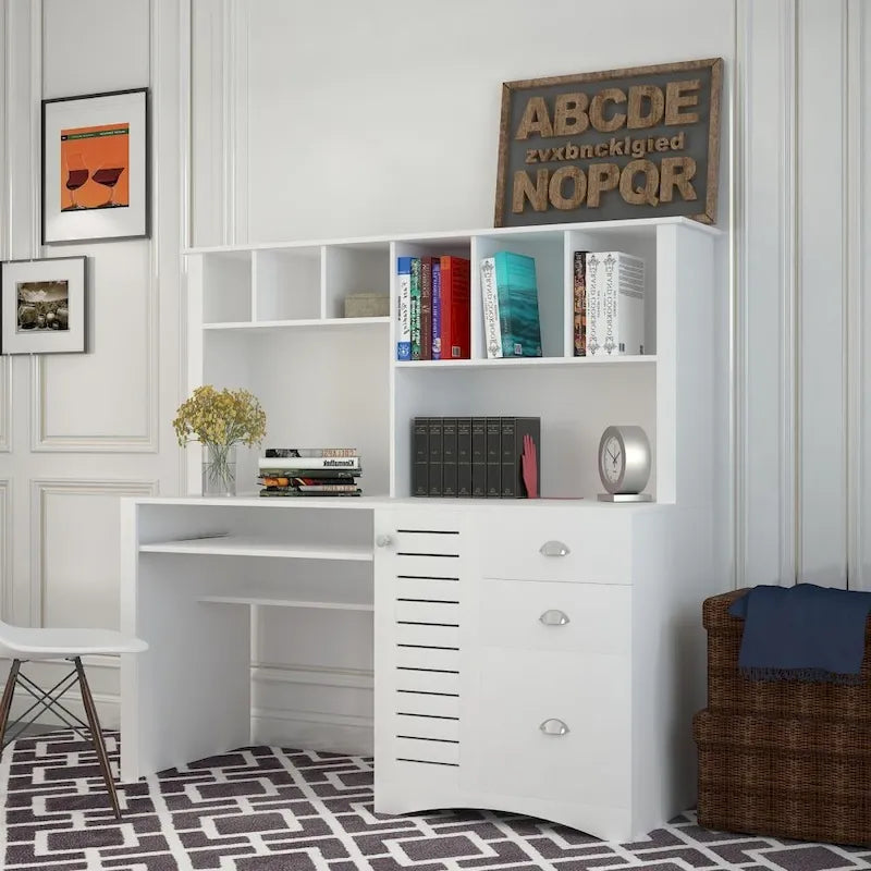 Scrivania per computer con alzata e 3 cassetti | Marrone / Bianco / Rovere | 1 persona