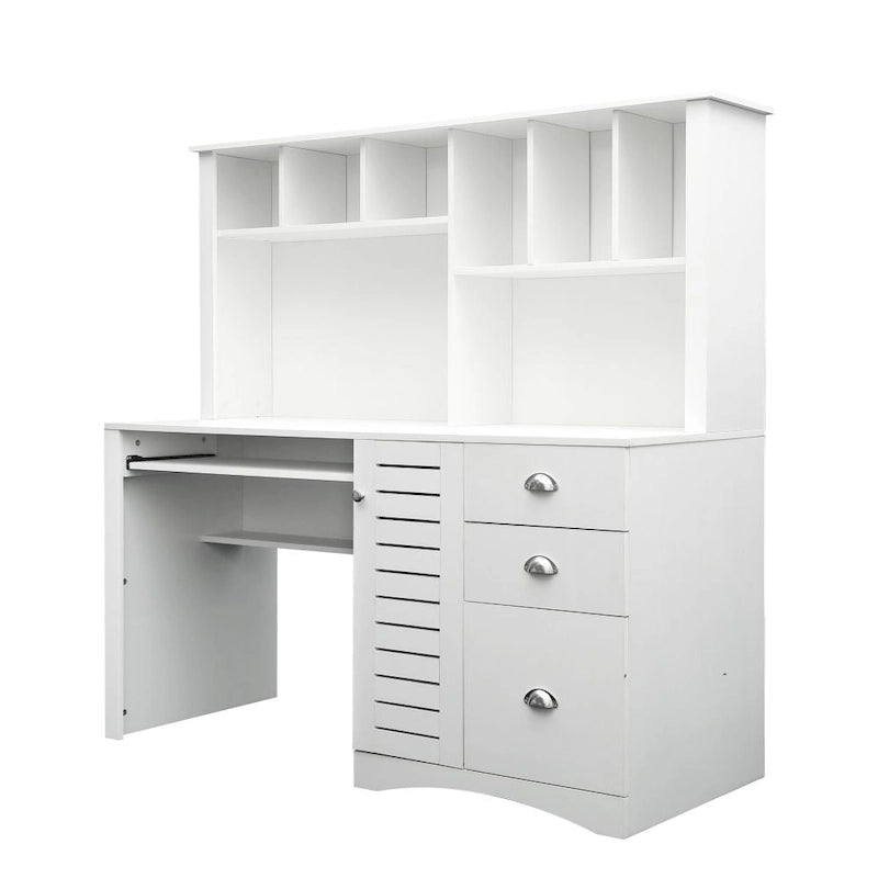 Scrivania per computer con alzata e 3 cassetti | Marrone / Bianco / Rovere | 1 persona