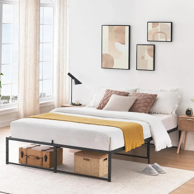 Struttura letto a piattaforma in metallo nero, altezza 35,5 cm, una piazza/una piazza e mezza/matrimoniale, 1–2 persone