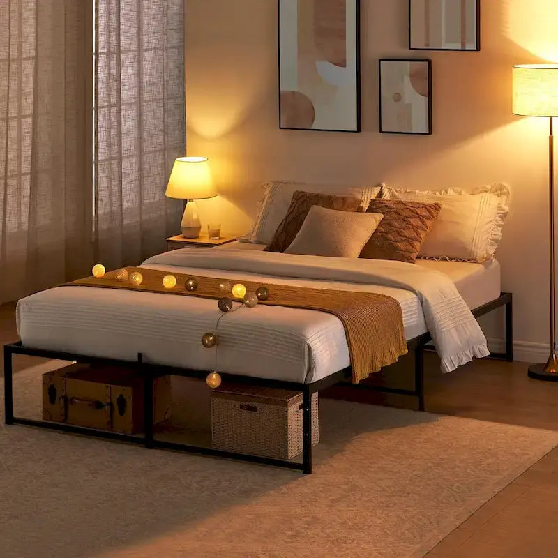 Struttura letto a piattaforma in metallo nero, altezza 35,5 cm, una piazza/una piazza e mezza/matrimoniale, 1–2 persone