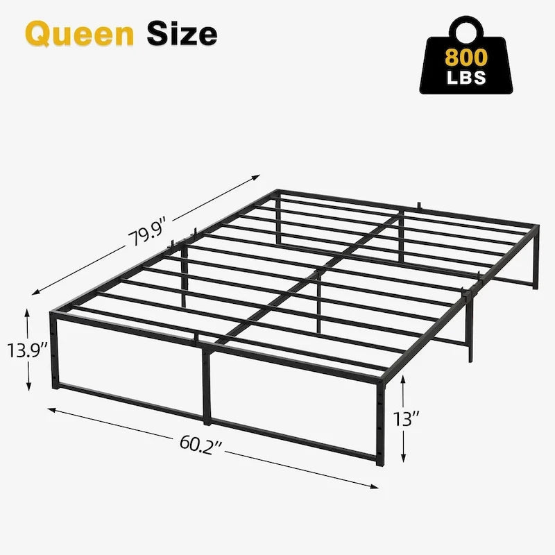 Struttura letto a piattaforma in metallo nero, altezza 35,5 cm, una piazza/una piazza e mezza/matrimoniale, 1–2 persone