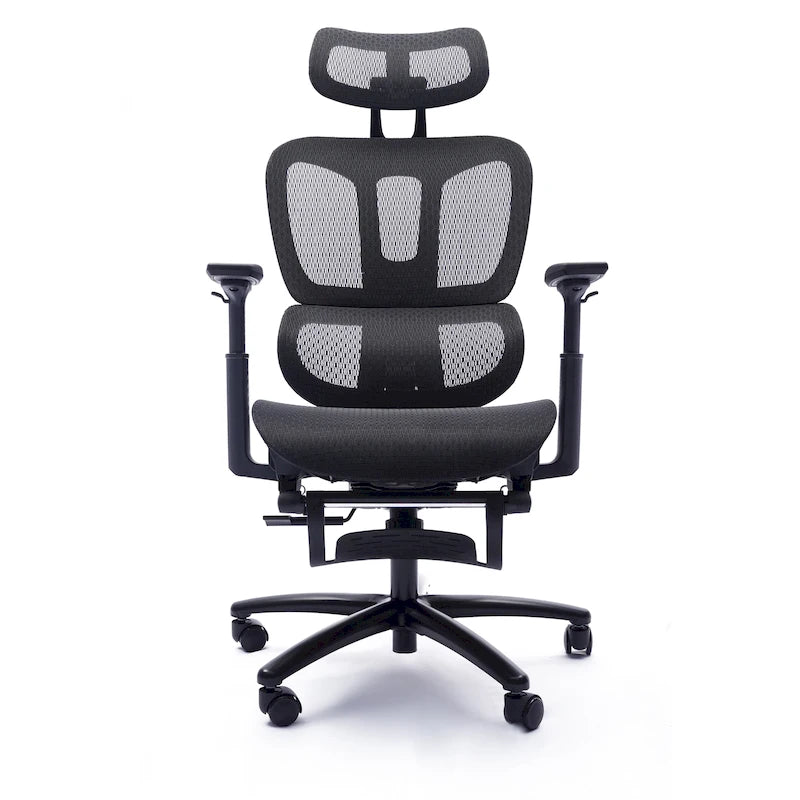 Sedia da ufficio ergonomica nera in rete, con schienale alto, poggiapiedi e braccioli 4D, 1 posto