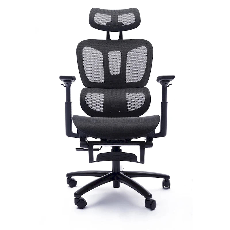 Sedia da ufficio ergonomica nera in rete, con schienale alto, poggiapiedi e braccioli 4D, 1 posto