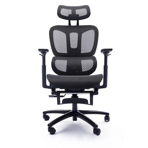 Sedia da ufficio ergonomica nera in rete, con schienale alto, poggiapiedi e braccioli 4D, 1 posto
