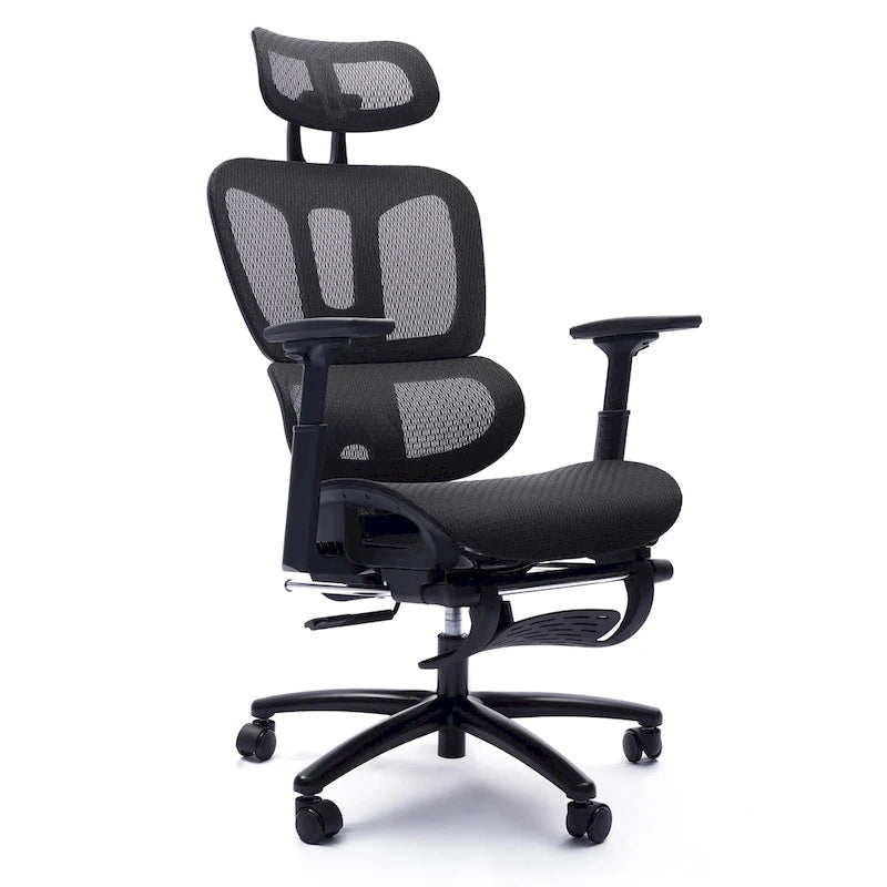 Sedia da ufficio ergonomica nera in rete, con schienale alto, poggiapiedi e braccioli 4D, 1 posto