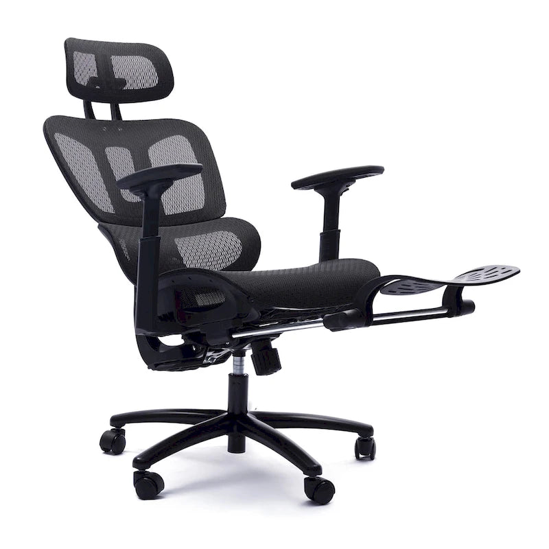 Sedia da ufficio ergonomica nera in rete, con schienale alto, poggiapiedi e braccioli 4D, 1 posto