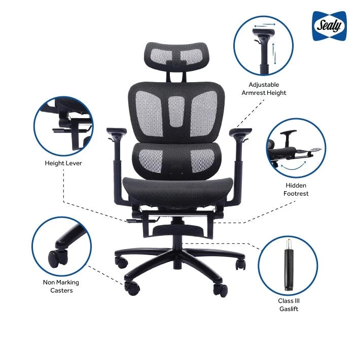 Sedia da ufficio ergonomica nera in rete, con schienale alto, poggiapiedi e braccioli 4D, 1 posto
