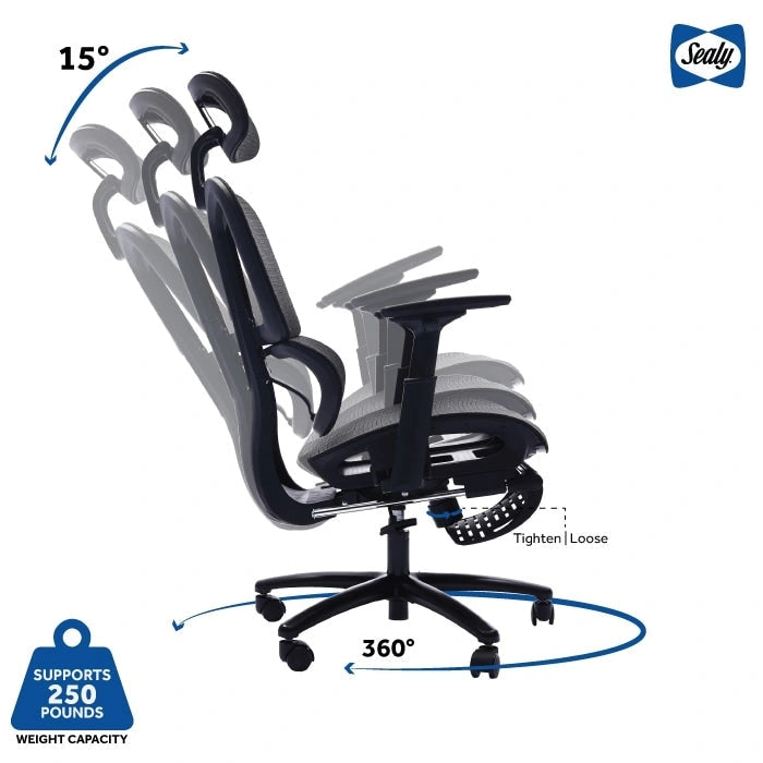 Sedia da ufficio ergonomica nera in rete, con schienale alto, poggiapiedi e braccioli 4D, 1 posto