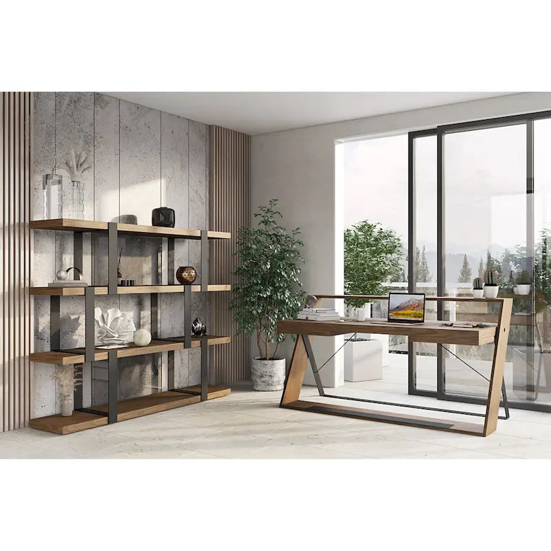Scaffale Noce e Nero, 4 Ripiani, Unico Elemento