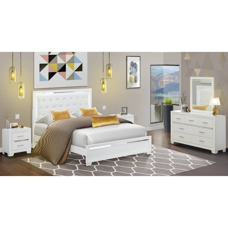 Set camera da letto Queen bianco, stile moderno, legno ingegnerizzato, 1 persona (opzioni da 2 a 6 pezzi)