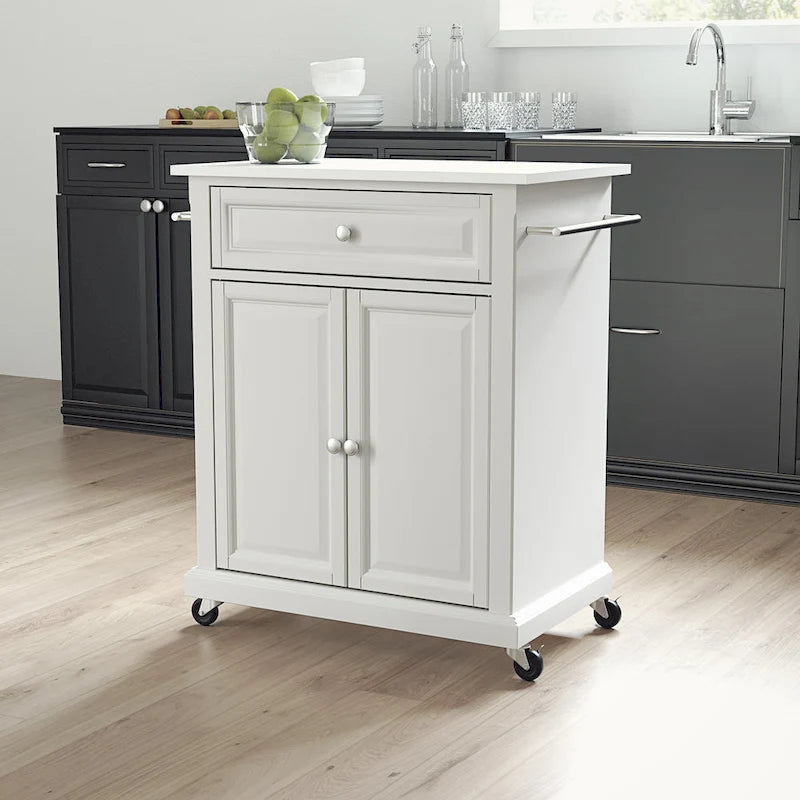 Carrello da cucina con ripiano in granito/marmo bianco – 1 persona, su rotelle, con contenitore