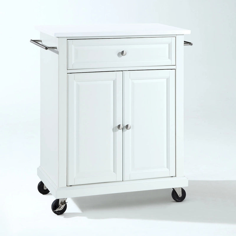 Carrello da cucina con ripiano in granito/marmo bianco – 1 persona, su rotelle, con contenitore