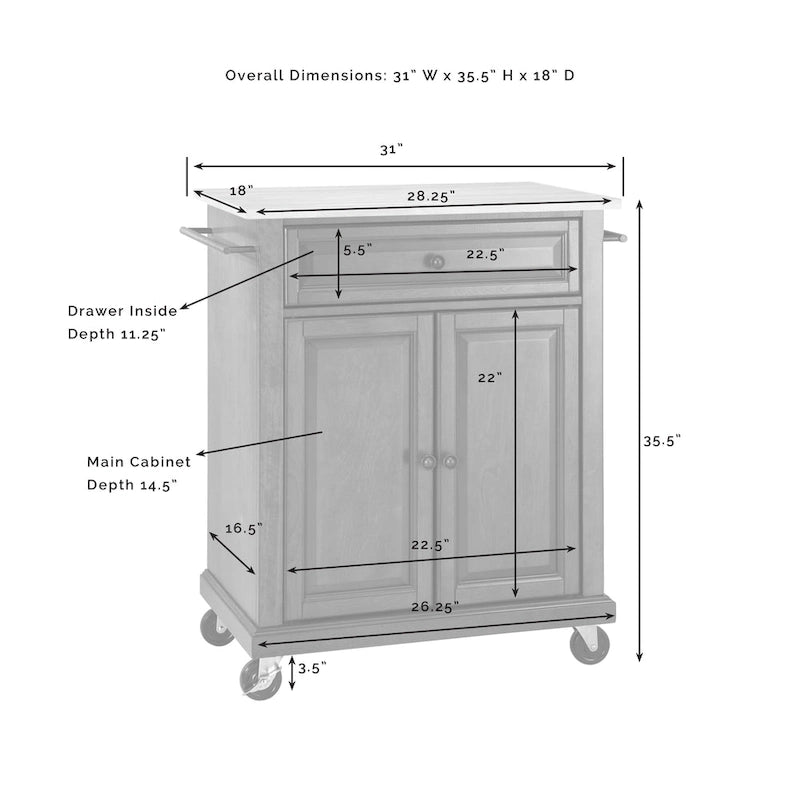 Carrello da cucina con ripiano in granito/marmo bianco – 1 persona, su rotelle, con contenitore