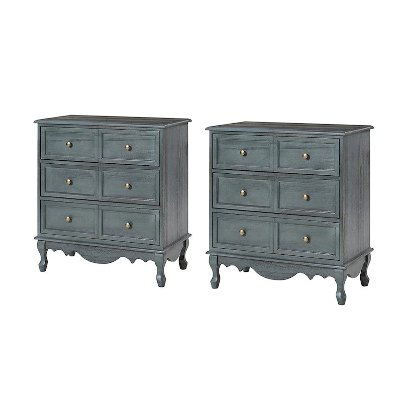 Comodino a 3 cassetti effetto anticato con gambe in legno, set da 2 (Blu / Noce / Bianco)