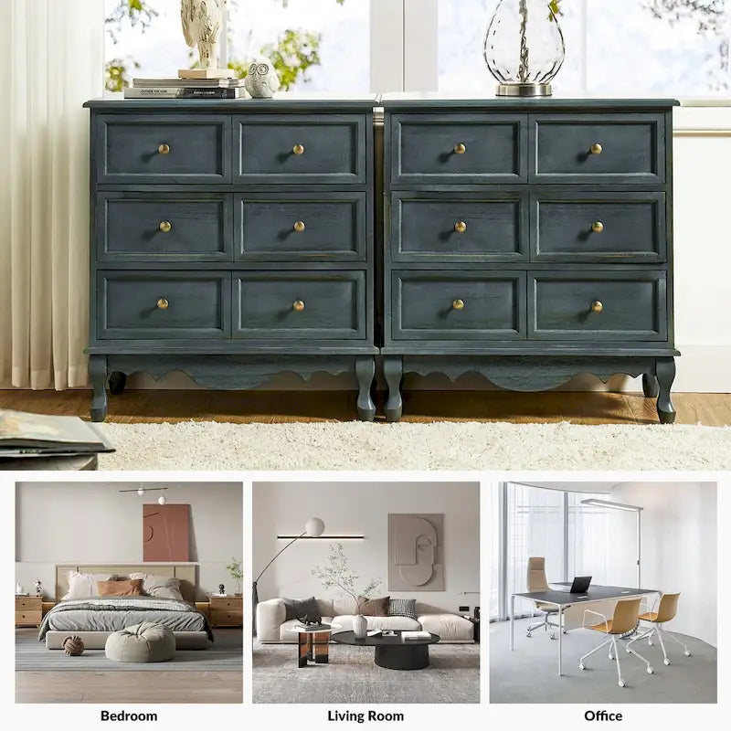 Comodino a 3 cassetti effetto anticato con gambe in legno, set da 2 (Blu / Noce / Bianco)