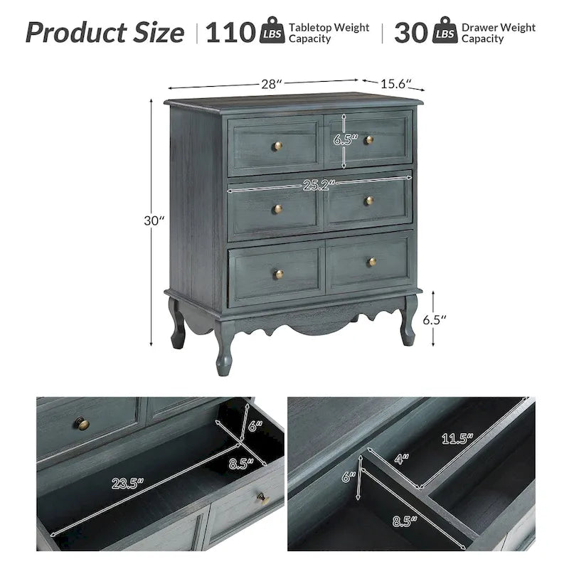 Comodino a 3 cassetti effetto anticato con gambe in legno, set da 2 (Blu / Noce / Bianco)