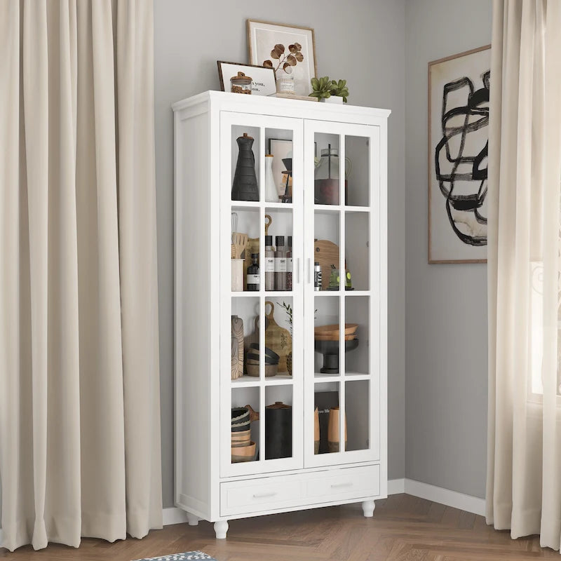 Vetrinetta Bianca con Ante in Vetro, Libreria a 2 Ante con Cassetto, 92 cm L x 180 cm H