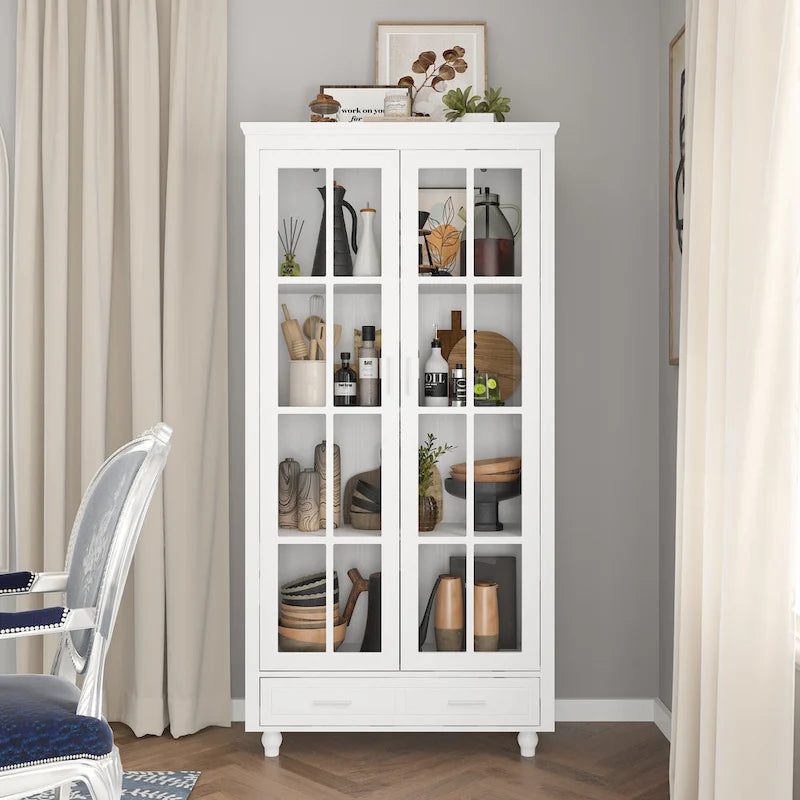 White Bookcase with Glass Doors Display Cabinet Bookshelf Organizer - 70.9 Hx36.2 W