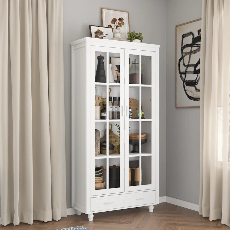 Vetrinetta Bianca con Ante in Vetro, Libreria a 2 Ante con Cassetto, 92 cm L x 180 cm H