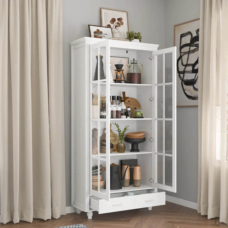Vetrinetta Bianca con Ante in Vetro, Libreria a 2 Ante con Cassetto, 92 cm L x 180 cm H