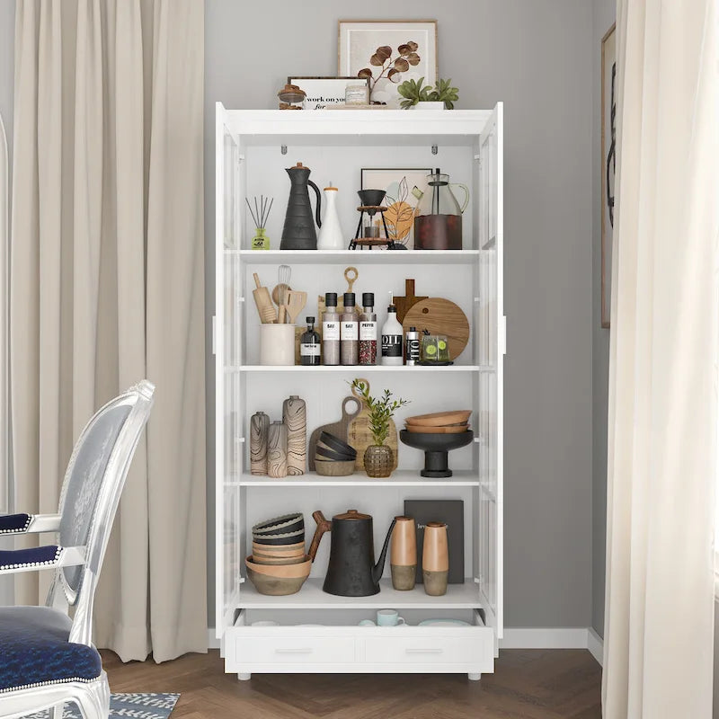 Vetrinetta Bianca con Ante in Vetro, Libreria a 2 Ante con Cassetto, 92 cm L x 180 cm H