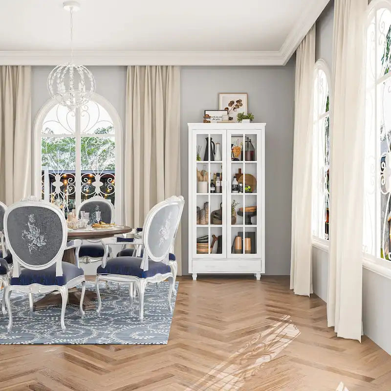 Vetrinetta Bianca con Ante in Vetro, Libreria a 2 Ante con Cassetto, 92 cm L x 180 cm H