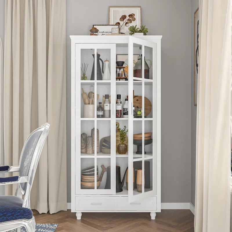 Vetrinetta Bianca con Ante in Vetro, Libreria a 2 Ante con Cassetto, 92 cm L x 180 cm H