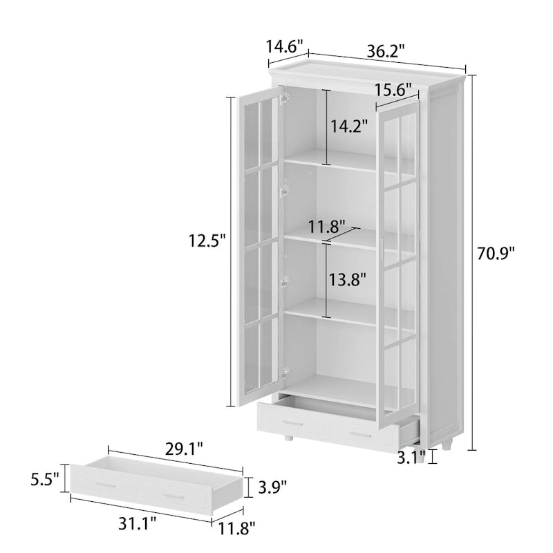 Vetrinetta Bianca con Ante in Vetro, Libreria a 2 Ante con Cassetto, 92 cm L x 180 cm H