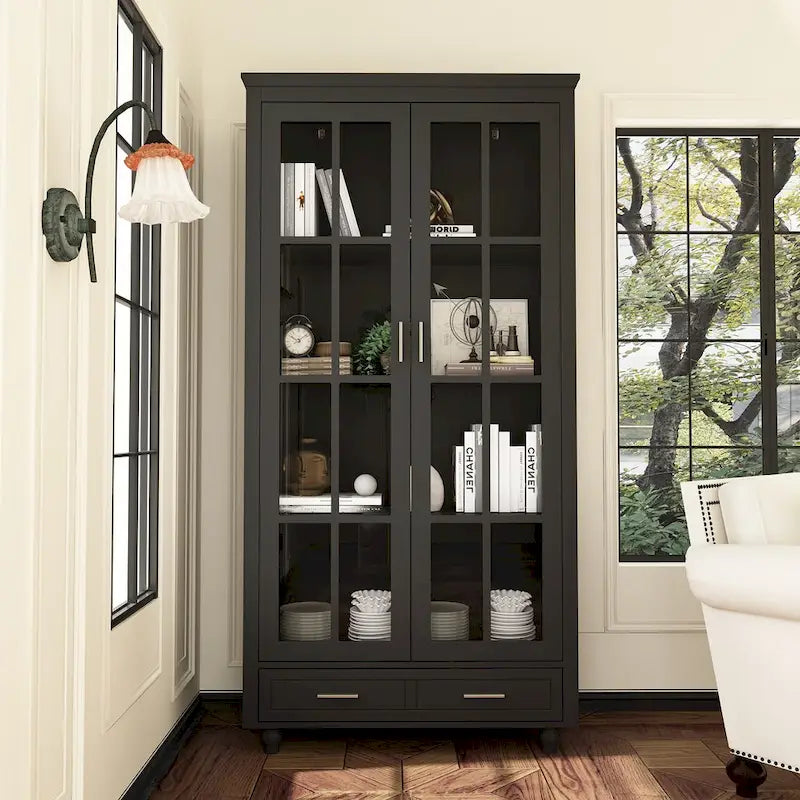 Vetrinetta Bianca con Ante in Vetro, Libreria a 2 Ante con Cassetto, 92 cm L x 180 cm H