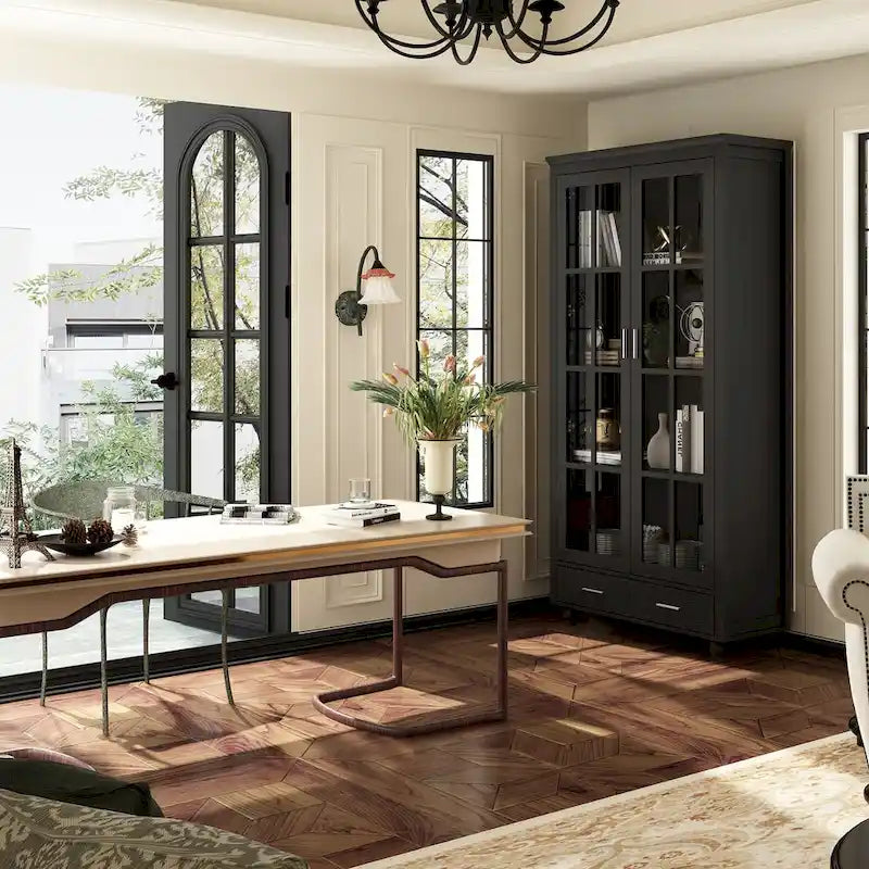 Vetrinetta Bianca con Ante in Vetro, Libreria a 2 Ante con Cassetto, 92 cm L x 180 cm H