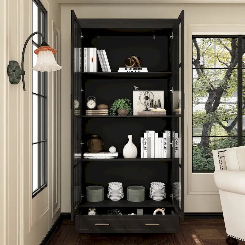 Vetrinetta Bianca con Ante in Vetro, Libreria a 2 Ante con Cassetto, 92 cm L x 180 cm H