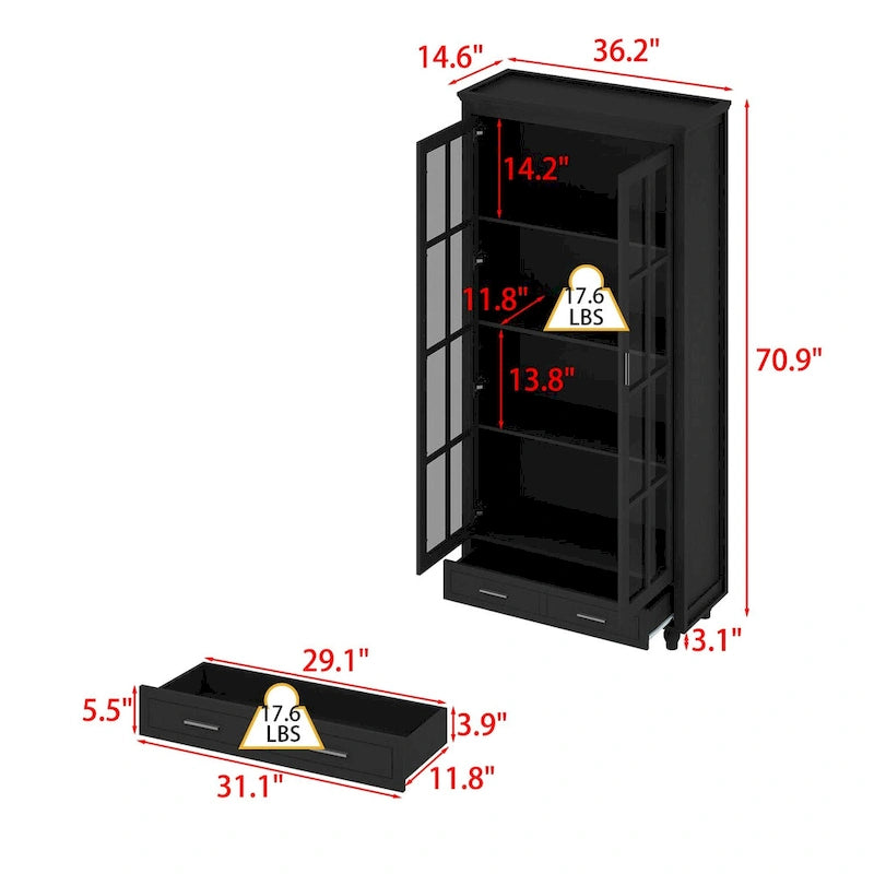 Vetrinetta Bianca con Ante in Vetro, Libreria a 2 Ante con Cassetto, 92 cm L x 180 cm H