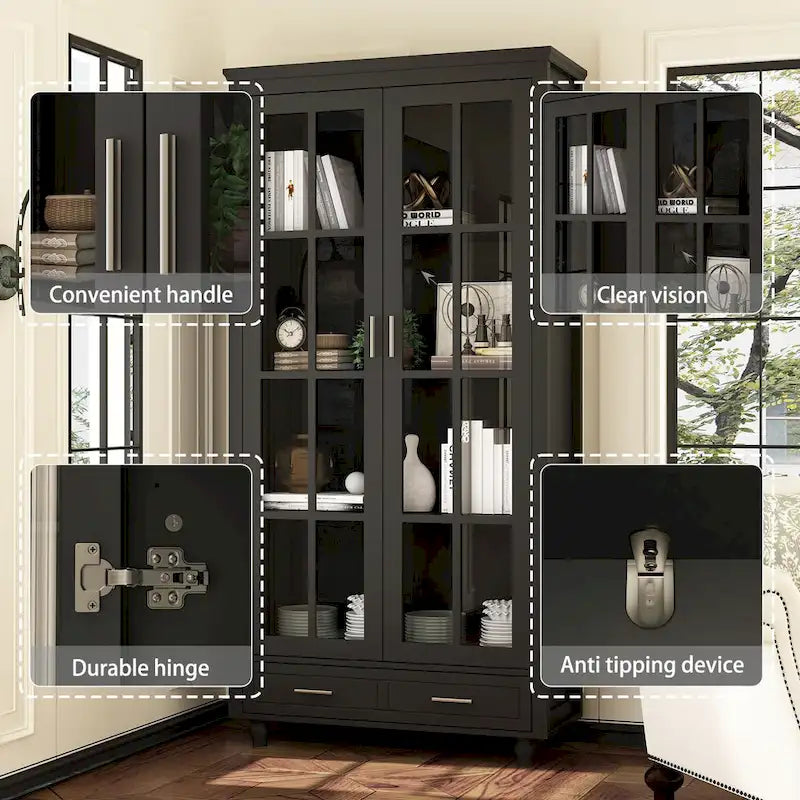 Vetrinetta Bianca con Ante in Vetro, Libreria a 2 Ante con Cassetto, 92 cm L x 180 cm H