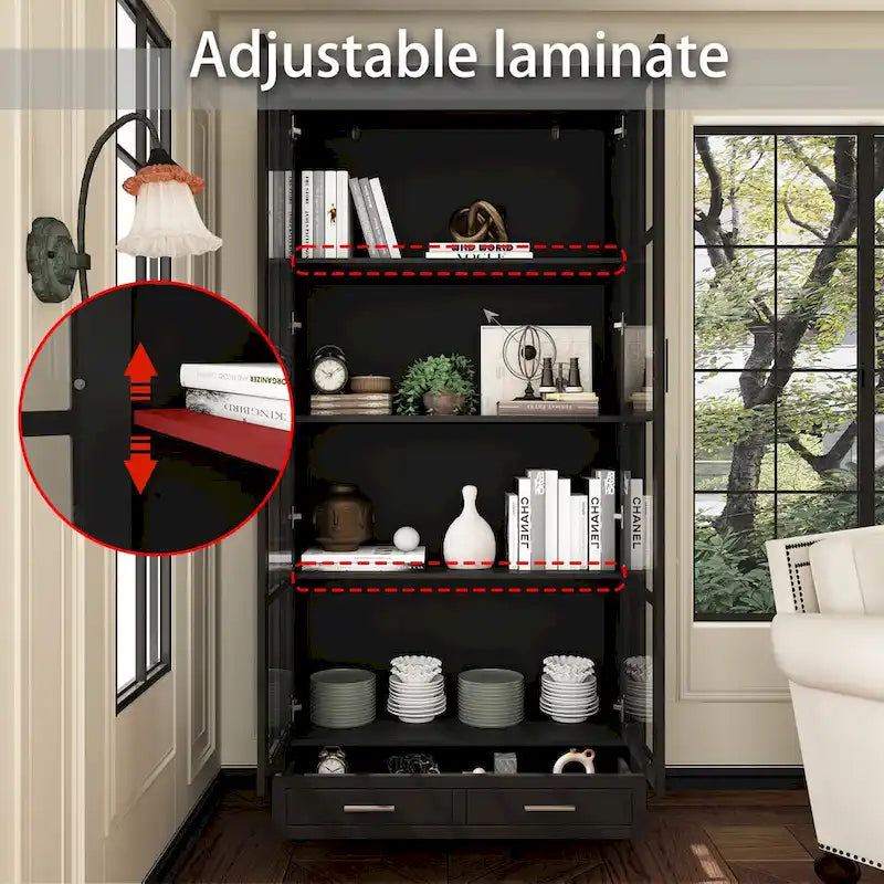 Vetrinetta Bianca con Ante in Vetro, Libreria a 2 Ante con Cassetto, 92 cm L x 180 cm H