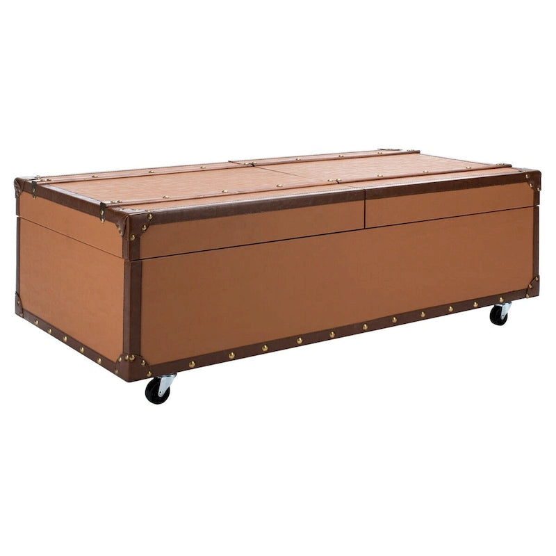 Tavolino da caffè a baule con contenitore e portabottiglie, una persona, cognac/marrone/nero/crema/beige