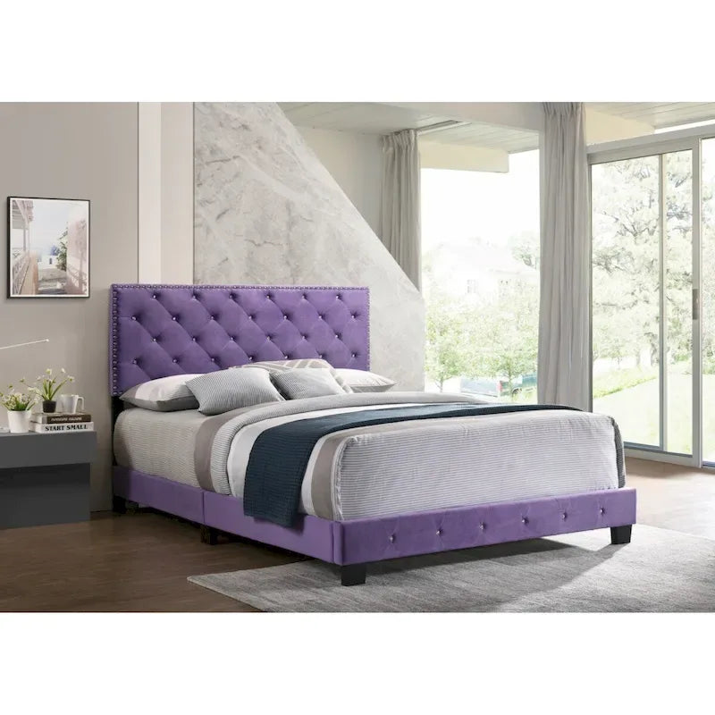 Letto a piattaforma in velluto viola, finiture con borchie, Queen, 1 persona