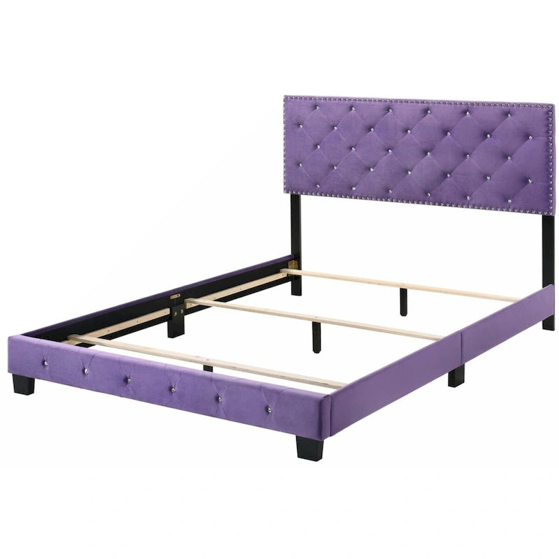 Letto a piattaforma in velluto viola, finiture con borchie, Queen, 1 persona